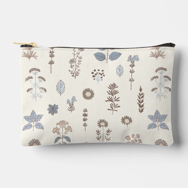 Botanical Charm Blue Brown Print Cut Sew Small Accessory Pouch (Front)