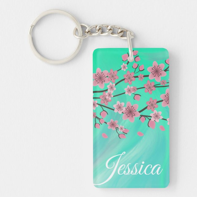 Botanical Cherry Blossom Falling Petals Ombré Art Key Ring (Front)