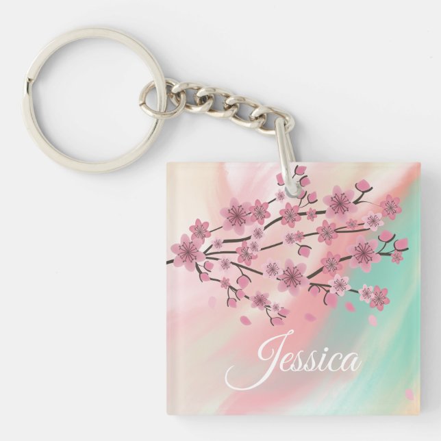 Botanical Cherry Blossom Falling Petals Ombré Art Key Ring (Front)