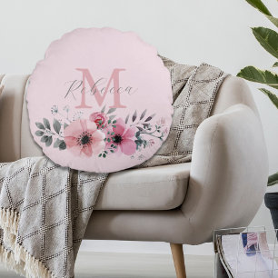 Botanical chic blush pink watercolor floral round cushion