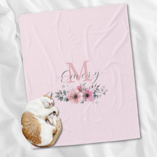 Botanical chic pink watercolor floral monogram fleece blanket