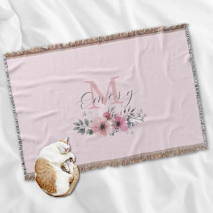 Botanical chic pink watercolor floral monogram throw blanket
