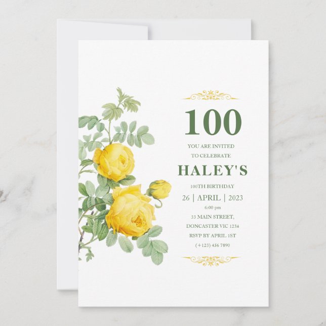 Botanical Chic Yellow Green Floral 100th Birthday Invitation (Front)