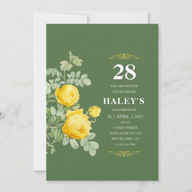 Botanical Chic Yellow & Green Floral 28th Birthday Invitation (Front)
