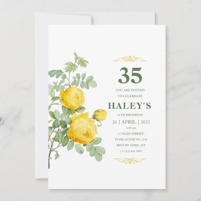 Botanical Chic Yellow & Green Floral 35th Birthday Invitation (Front)