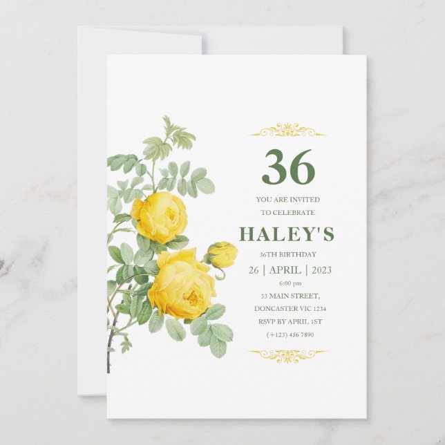 Botanical Chic Yellow & Green Floral 36th Birthday Invitation (Front)