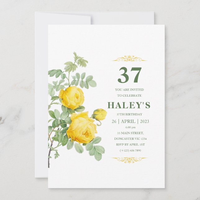 Botanical Chic Yellow & Green Floral 37th Birthday Invitation (Front)