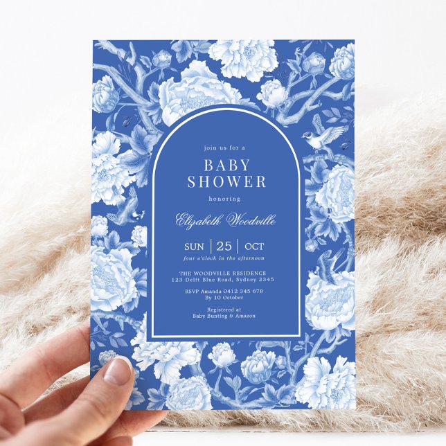 Botanical Chinoiserie Delft Blue White Baby Shower Invitation (Creator Uploaded)