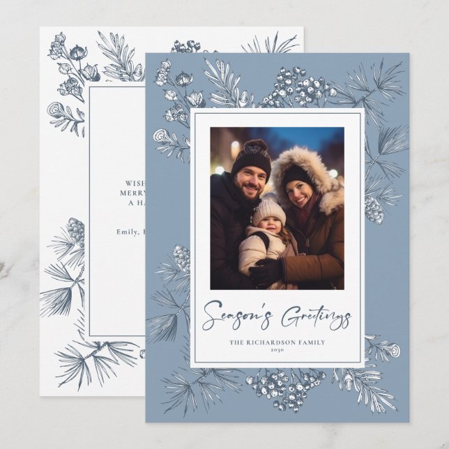 Botanical Christmas Blue Photo Holiday Card (Front/Back)
