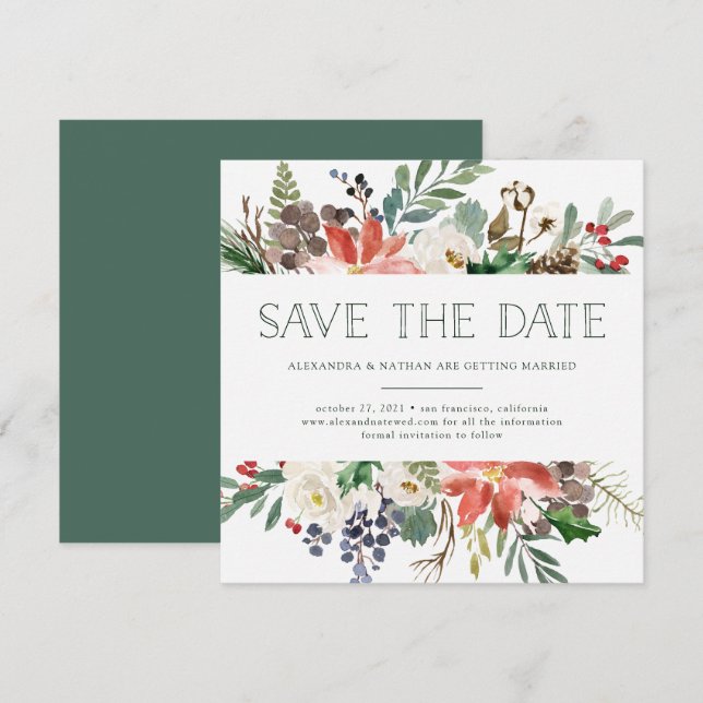Botanical Christmas | Floral Holiday Save the Date Invitation (Front/Back)