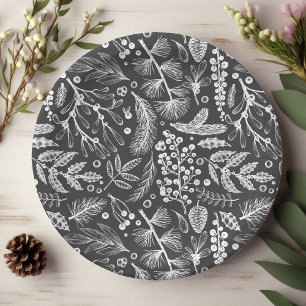 Botanical Christmas Foliage Pine Berries Pattern Paper Plate