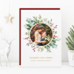 Botanical Christmas Gold Married and Merry Photo Holiday Card<br><div class="desc">This photo Christmas | Holiday card features painted watercolor eucalyptus,  green leaves,  red berries,  pine branches,  and a faux gold circle frame with optional text on the back. For more advanced customisation of this design,  please click the "customise further" link. Matching items are also available.</div>