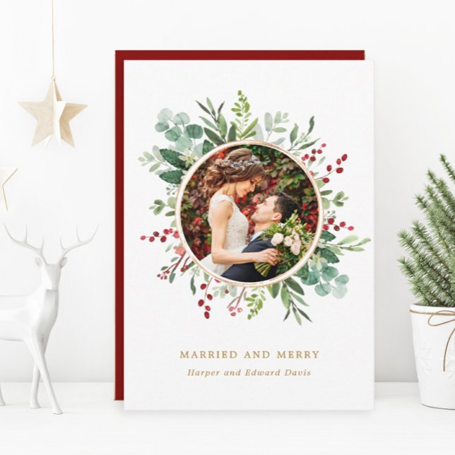Botanical Christmas Gold Married and Merry Photo Holiday Card (Creator Uploaded)