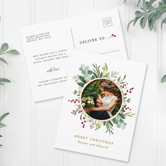 Botanical Christmas Gold Script Photo Holiday Postcard (Front & Back)