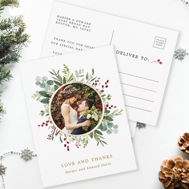 Botanical Christmas Gold Wedding Photo Thank You Postcard (Front & Back)
