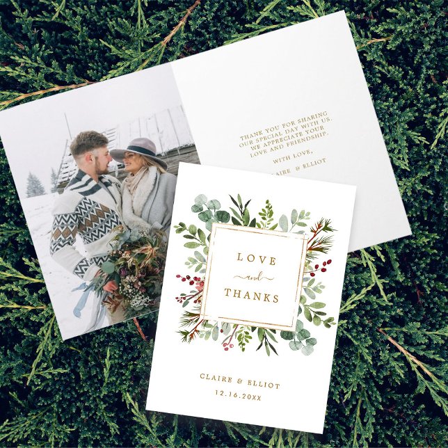 Botanical Christmas Gold Wedding Thank You Photo Card (Front & Inside)