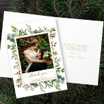 Botanical Christmas Gold Wedding Thank You Photo Card<br><div class="desc">This thank you folded card features painted watercolor eucalyptus,  green leaves,  red berries,  pine branches with a faux gold rectangle frame. For more advanced customisation of this design,  please click the "Customise further" link. Matching items are also available.</div>