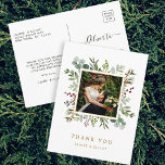 Botanical Christmas Gold Wedding Thank You Photo Postcard<br><div class="desc">This thank you postcard features painted watercolor eucalyptus,  green leaves,  red berries,  pine branches,  and a faux gold square frame. For more advanced customisation of this design,  please click the "Customise further" link. Matching items are also available.</div>