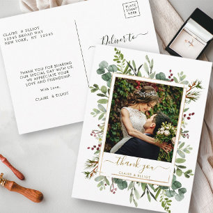 Botanical Christmas Gold Wedding Thank You Photo  Postcard