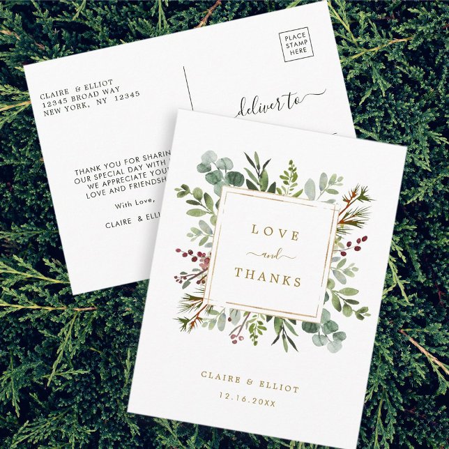 Botanical Christmas Gold Wedding Thank You Postcar Postcard (Front & Back)