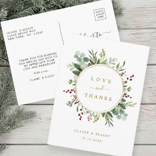 Botanical Christmas Gold Wedding Thank You Postcard