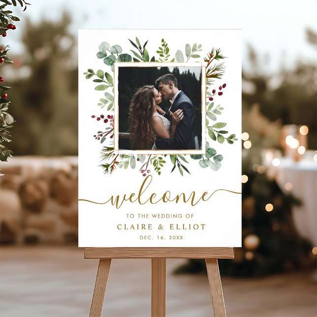 Botanical Christmas Gold Wedding Welcome Photo Poster (Creator Uploaded)