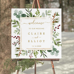 Botanical Christmas Gold Wedding Welcome Square Poster