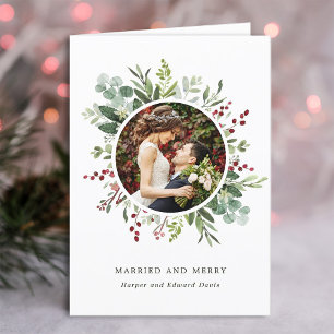 Botanical Christmas Green Married and Merry Photo Holiday Card