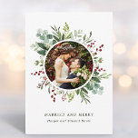 Botanical Christmas Green Married and Merry Photo  Holiday Card<br><div class="desc">This photo Christmas | Holiday card features painted watercolor eucalyptus,  green leaves,  red berries,  pine branches with optional text on the back. For more advanced customisation of this design,  please click the "customise further" link. Matching items are also available.</div>
