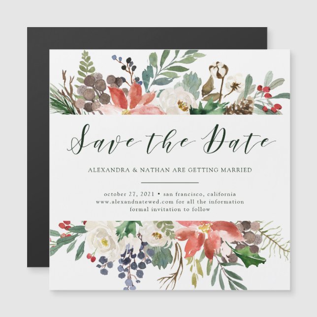 Botanical Christmas | Holiday Script Save the Date Magnetic Invitation (Front/Back)