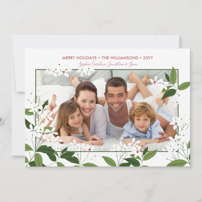 Botanical Christmas Jasmine Flowers Family Photo Holiday Card (Front)