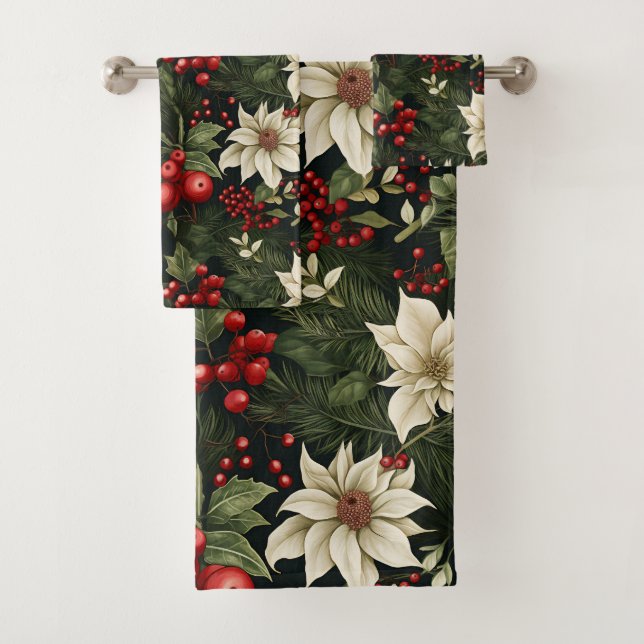 Botanical Christmas Pattern Bath Towel Set (Insitu)