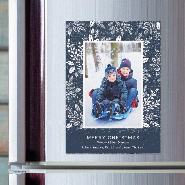 Botanical Christmas Photo Blue Magnetic Card (White botanical leaves and berries on navy blue Christmas photo magnetic cards)