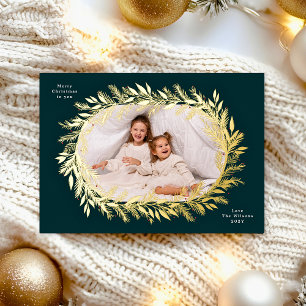 botanical christmas photo gold wreath foil holiday card