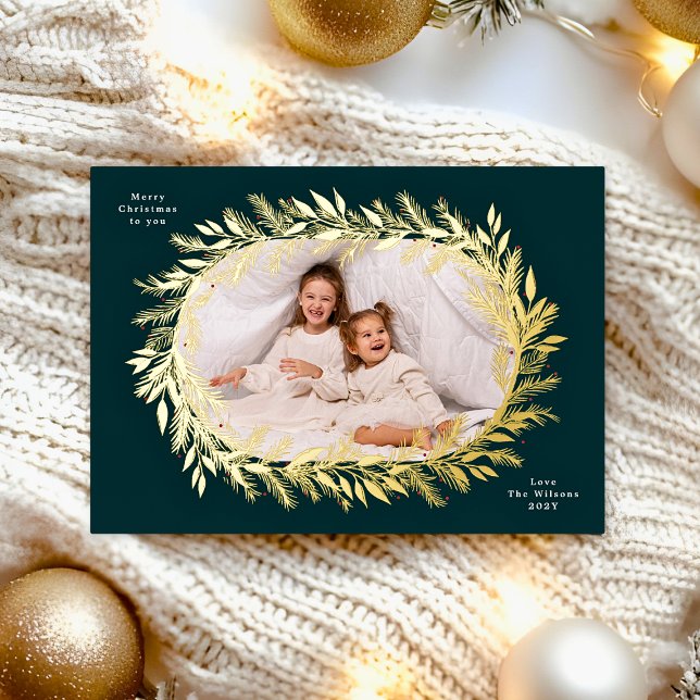 botanical christmas photo gold wreath foil holiday card (Creator Uploaded)