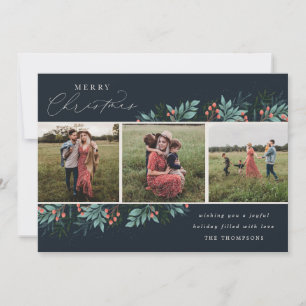 Botanical Christmas Three Photo Merry Christmas Holiday Card