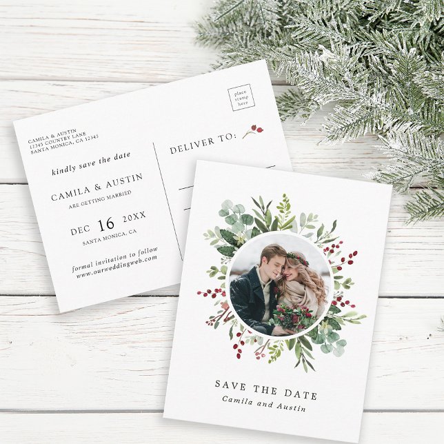 Botanical Christmas Wedding Photo Save The Date Postcard (Front & Back)