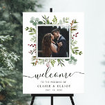 Botanical Christmas Wedding Welcome Photo Green Poster<br><div class="desc">This photo wedding welcome sign features painted watercolor eucalyptus greenery,  green leaves,  red berries,  pine branches with a green square frame. For more advanced customisation of this design,  please click the "Customise further" link.  Matching items are also available.</div>