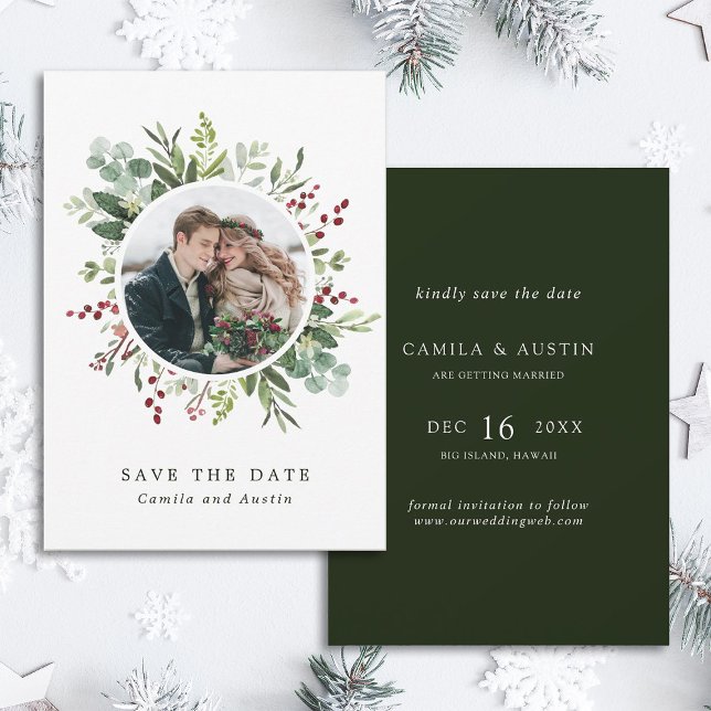Botanical Christmas Winter Wedding Green Photo  Save The Date (Front & Back)