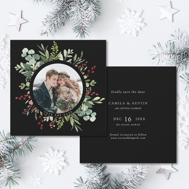 Botanical Christmas Winter Wedding Square Black Save The Date (Front & Back)