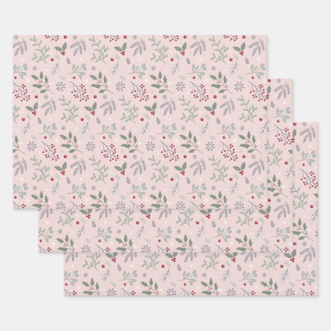 Botanical Christmas with Mistletoe Pattern Wrapping Paper Sheet (Set)