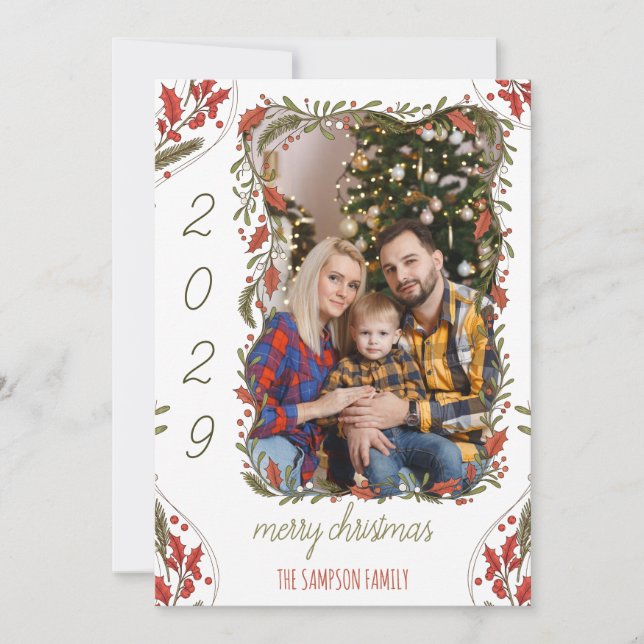 Botanical Christmas Wreath – Custom 1 Family Photo Holiday Card (Front)