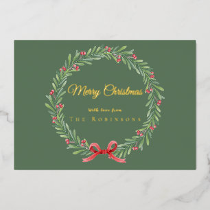 Botanical Christmas Wreath Modern Gold Script Foil Holiday Card