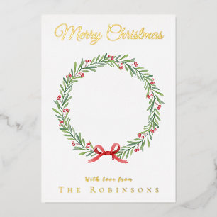 Botanical Christmas Wreath Modern Gold Script Foil Holiday Card