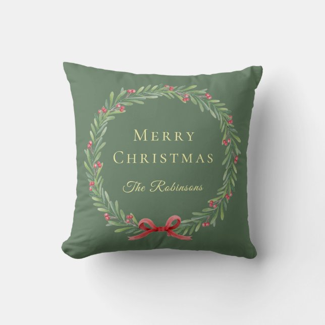 Botanical Christmas Wreath Modern Script Cushion (Front)