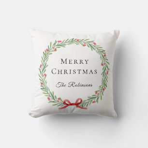 Botanical Christmas Wreath Modern Script Cushion