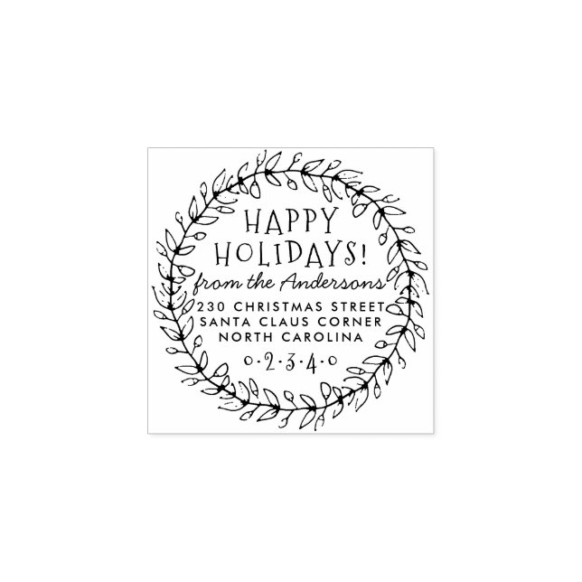 Botanical Christmas Wreath Name & Return Address Rubber Stamp (Imprint)