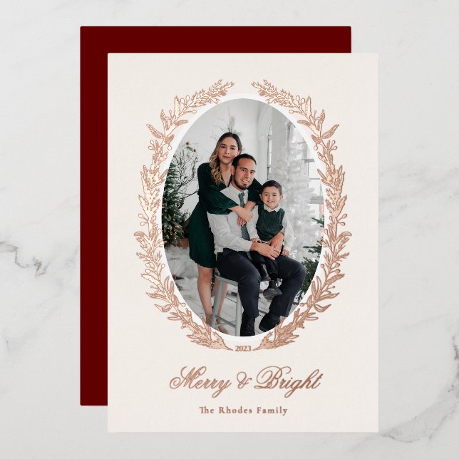 Botanical Christmas Wreath Photo Foil Holiday Card (Front/Back)