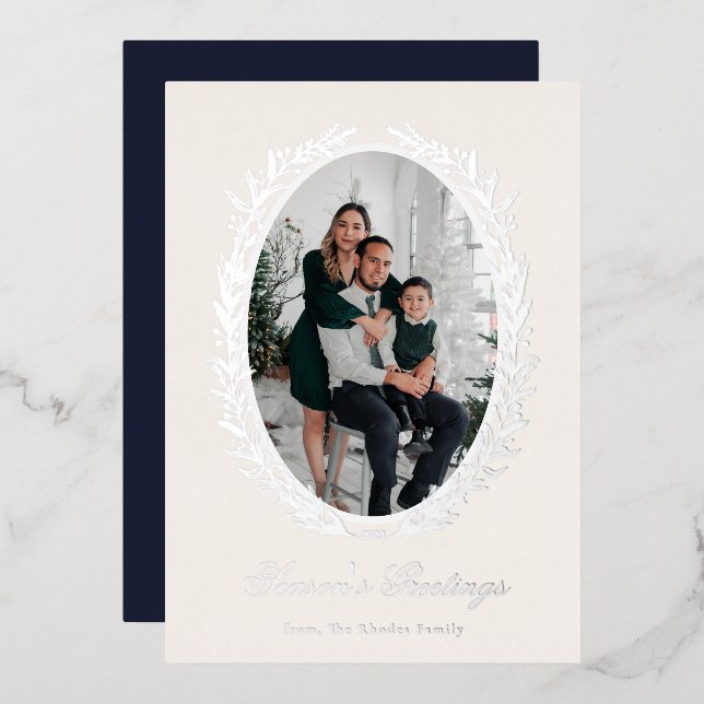 Botanical Christmas Wreath Photo Foil Holiday Card (Front/Back)