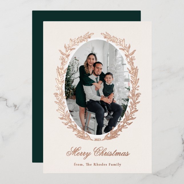 Botanical Christmas Wreath Photo Foil Holiday Card (Front/Back)